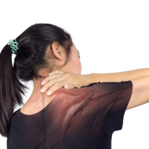 Woman wearing black shirt holding her neck in pain